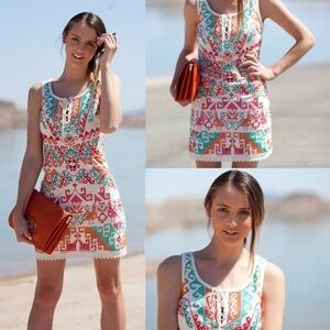 Free People Embroidered Sleeveless Aztec Shift Mini Dress Tribal Cotton Blend